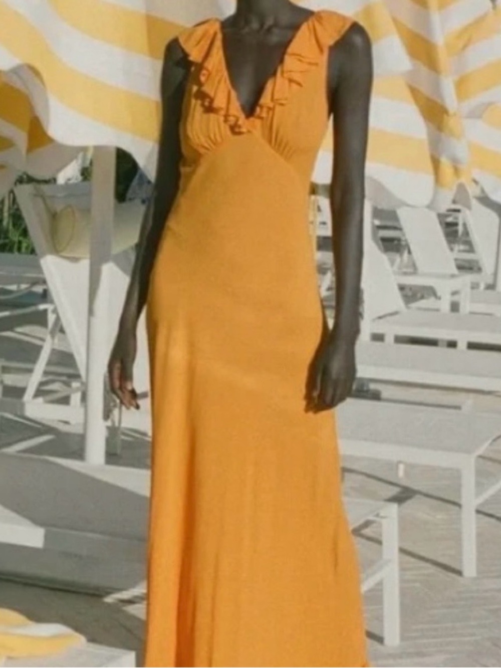 Doen Arleen Dress - Ruffle V-Neck Maxi Dress in Yellow Orange
